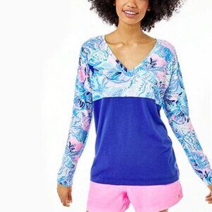 Lilly Pulitzer Finn V-neck Top in Saltwater Blue Shade Seekers, Size Large